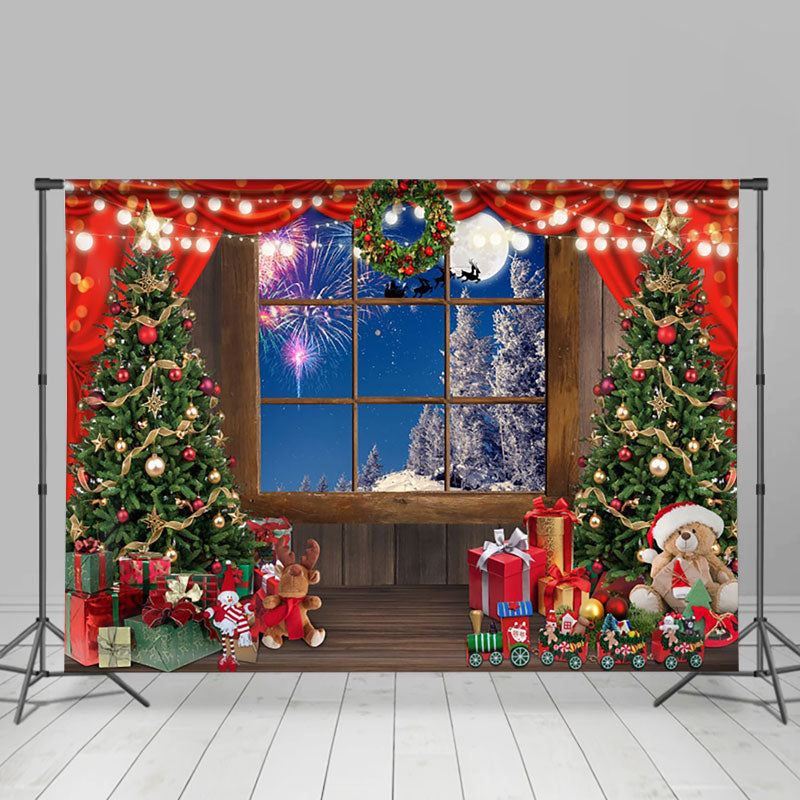 Aperturee - Aperturee Wooden Window Christmas Tree Night Photo Backdrop