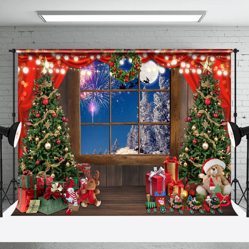 Aperturee - Aperturee Wooden Window Christmas Tree Night Photo Backdrop