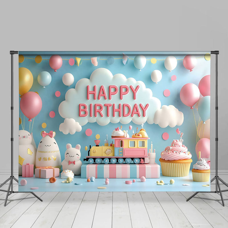 Aperturee - Aperturee Blue Wall Balloons Train Fairy Cake Smash Backdrop