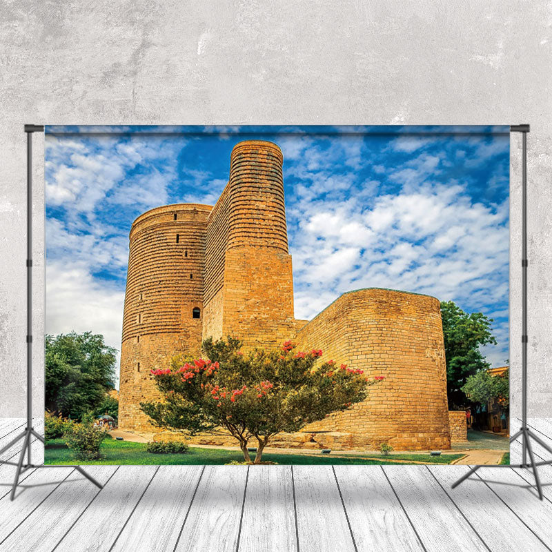 Aperturee - Vintage Brick Wall House Blue Sky Photo Backdrop