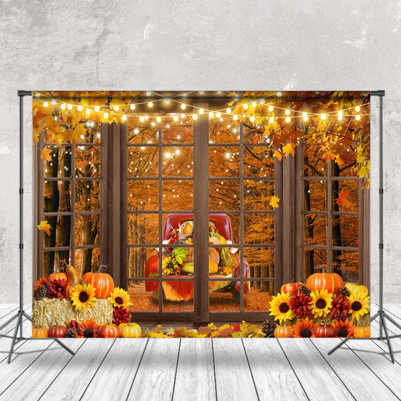 Aperturee - Red Pickup Truck With Food Outside The Window Autumn Backdrop