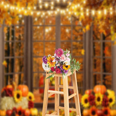 Aperturee - Red Pickup Truck With Food Outside The Window Autumn Backdrop