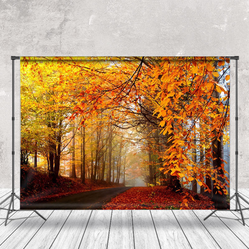 Aperturee - Forest Road Covered With Red Fallen Leaves Backdrop