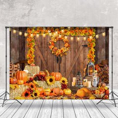 Aperturee - Wooden Door Maple Leaf Wreath Pumpkin Autumn Backdrop