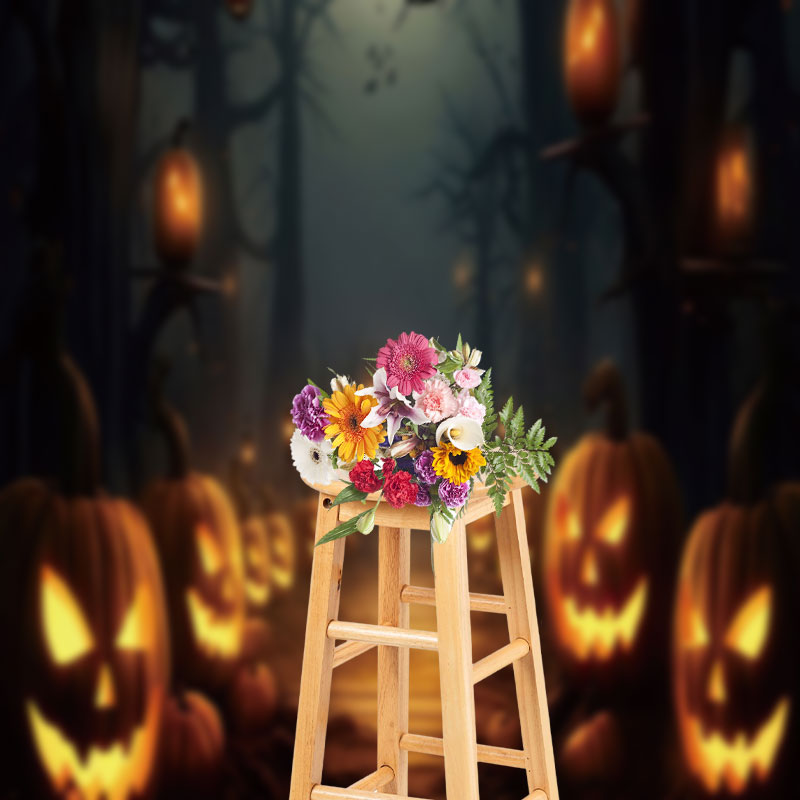 Aperturee - Pumpkin Lantern Scary Road Foggy Halloween Backdrop