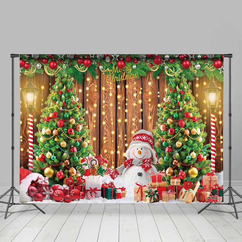 Aperturee - Aperturee Pine Tree Snowman Gift Wooden Christmas Backdrop