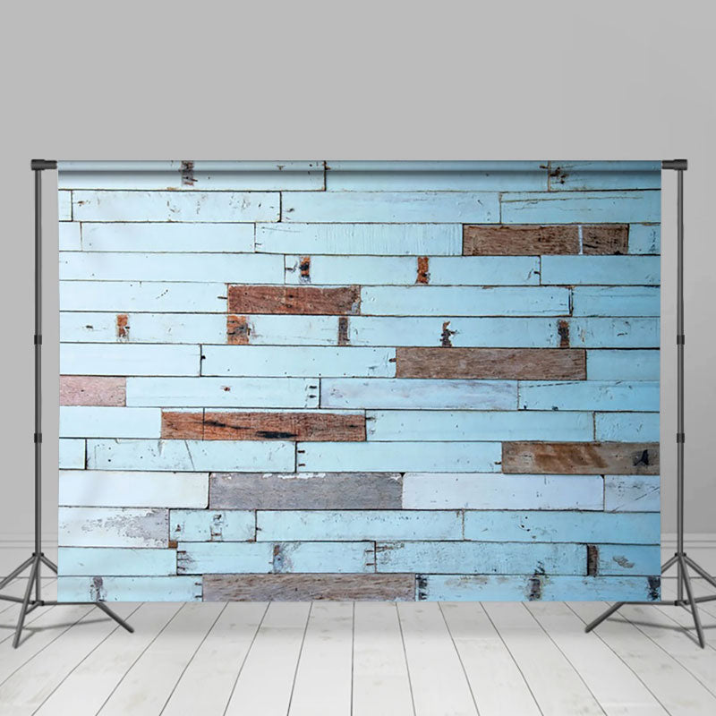 Aperturee - Aperturee Shabby Light Blue Brown Wood Grain Photo Backdrop