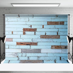 Aperturee - Aperturee Shabby Light Blue Brown Wood Grain Photo Backdrop
