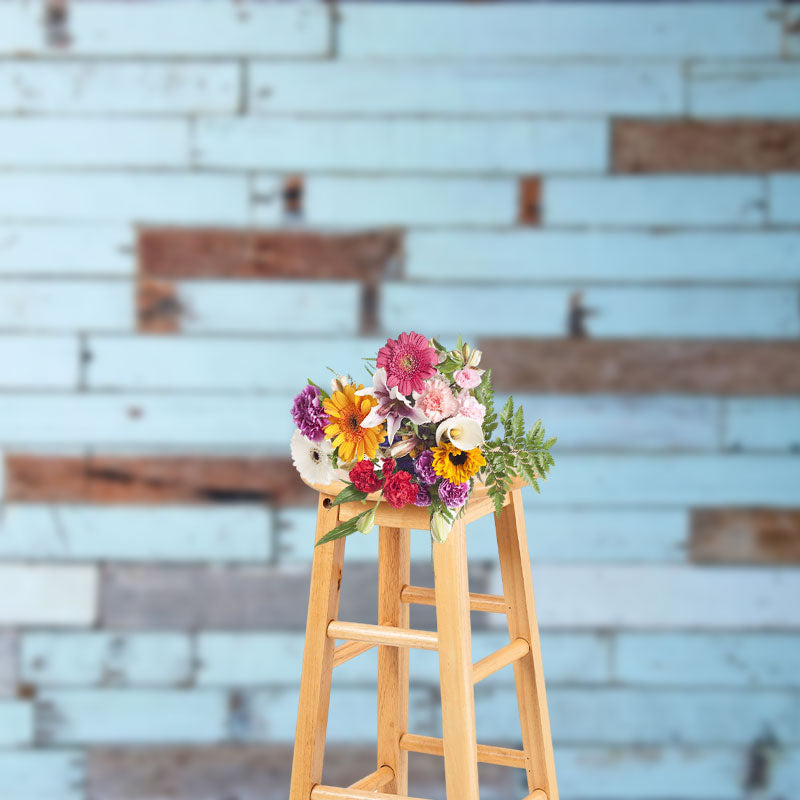 Aperturee - Aperturee Shabby Light Blue Brown Wood Grain Photo Backdrop