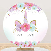 Aperturee - White Gold Unicorn Floral Round Birthday Backdrop