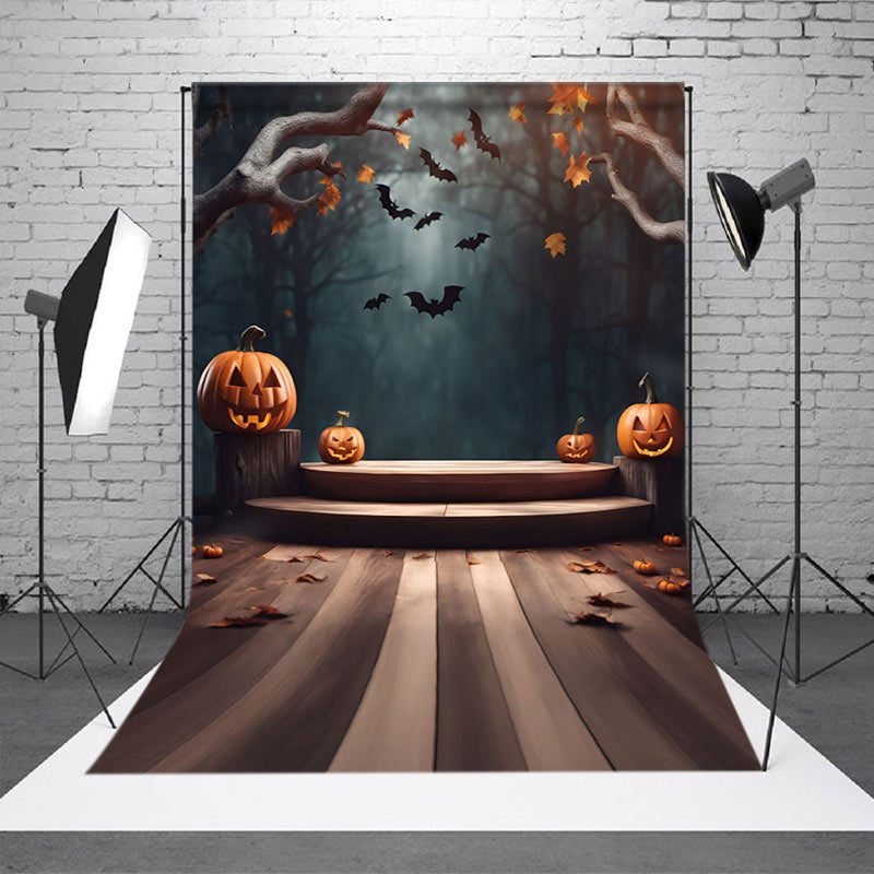 Aperturee - Wooden Forest Pumpkin Lantern Halloween Backdrop