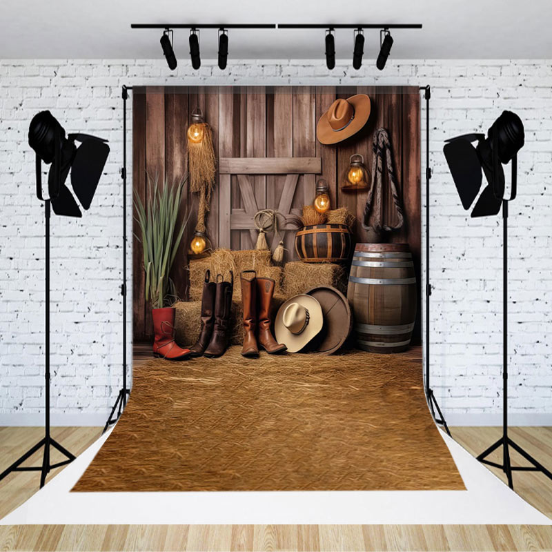 Aperturee - Farm Haystack Wooden Cowboy Photography Backdrop
