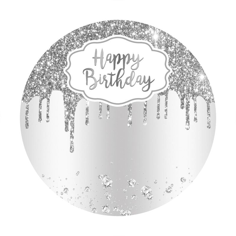 Aperturee - Happy Birthday Silver Glitter Diamond Round Backdrop for Party