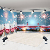 Aperturee Vibrant Fireworks and American Flag Picket Fence Room Set Backdrop, Patriotic Celebration Photo Booth Decor