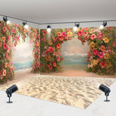 Aperturee Tropical Beach Floral Arch Room Set Backdrop with Sandy Floor and Ocean View for Romantic Photoshoots