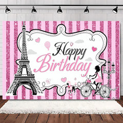Aperturee Elegant Pink Floral Eiffel Tower Happy Birthday Backdrop, Perfect Party Decoration for Women