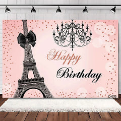Aperturee Elegant Pink Floral Eiffel Tower Happy Birthday Backdrop, Perfect Party Decoration for Women