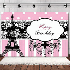 Aperturee Elegant Pink Floral Eiffel Tower Happy Birthday Backdrop, Perfect Party Decoration for Women