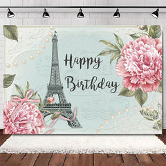 Aperturee Elegant Pink Floral Eiffel Tower Happy Birthday Backdrop, Perfect Party Decoration for Women
