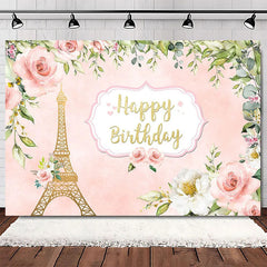 Aperturee Elegant Pink Floral Eiffel Tower Happy Birthday Backdrop, Perfect Party Decoration for Women