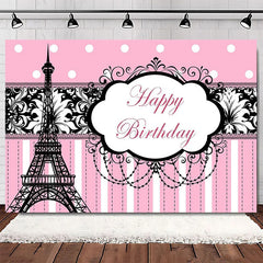 Aperturee Elegant Pink Floral Eiffel Tower Happy Birthday Backdrop, Perfect Party Decoration for Women
