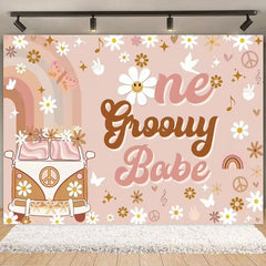 Aperturee Boho Rainbow Groovy One Birthday Backdrop, Daisy Floral and Bus, Perfect Party Scene Decor for Girls