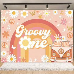 Aperturee Boho Rainbow Groovy One Birthday Backdrop, Daisy Floral and Bus, Perfect Party Scene Decor for Girls