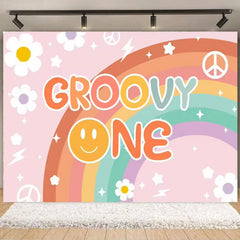 Aperturee Boho Rainbow Groovy One Birthday Backdrop, Daisy Floral and Bus, Perfect Party Scene Decor for Girls
