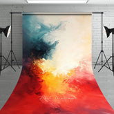 Aperturee Vibrant Abstract Textured Sweep Backdrop with Teal, Yellow, Orange, and Red Painterly Strokes, Modern Artistic Design