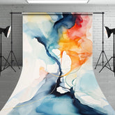 Aperturee Abstract Fluid Art Sweep Backdrop, Blue Orange Yellow Watercolor Design, Modern Artistic Photography Studio Prop