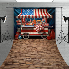 Aperturee American Flag Hot Dog Stand Sweep Backdrop, Patriotic Street Food Cart for Summer Celebrations with Cobblestone Floor