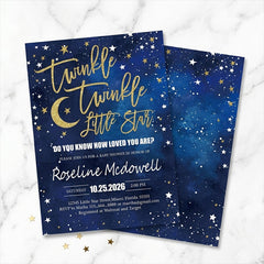Aperturee Custom Set of 20 Twinkle Twinkle Little Star Baby Shower Invitation, Blue Gold Glitter Starry Night for Celebration
