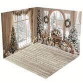 Aperturee - Aperturee Beige Room Window Snowy Christmas Room Set Backdrop