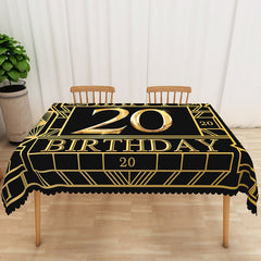 Aperturee Happy 20th Birthday Tablecloth in Black and Gold, Elegant Party Decorations for Milestone Celebration