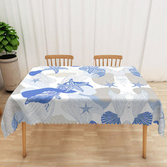 Aperturee Coastal Beach Tablecloth with Blue and White Starfish and Seashells, for Nautical Themed Party Decor