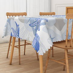 Aperturee Coastal Beach Tablecloth with Blue and White Starfish and Seashells, for Nautical Themed Party Decor