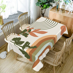 Aperturee Botanical Stripe Tablecloth with Brown and Green Leaves on White, for Modern Farmhouse Kitchen Decor