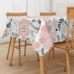 Aperturee Sweet Pink Spring Tablecloth with Fresh Floral Drawings, for Girls Birthday, Baby Shower, or Garden Party