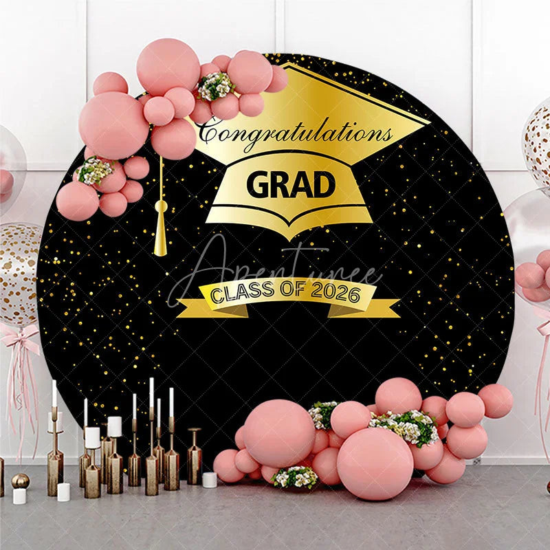 Aperturee - 2026 Golden Hat And Black Round Graduation Backdrop