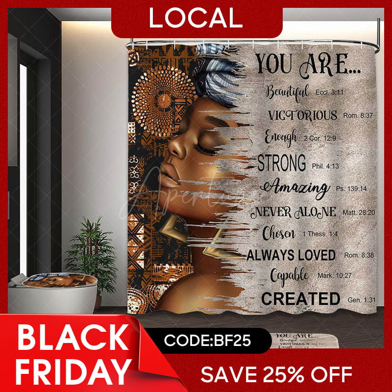 Aperturee - (7 Day Delivery) Aperturee African American Girl Quotes Shower Curtain Kit