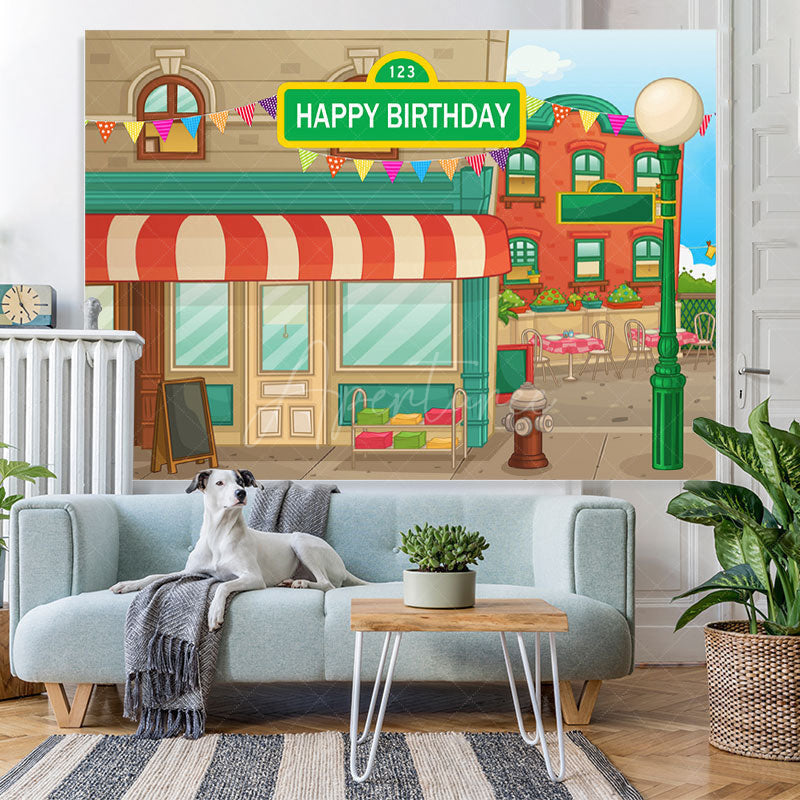 Aperturee - (7 Day Delivery) Aperturee Animated House Street Theme Birthday Backdrop