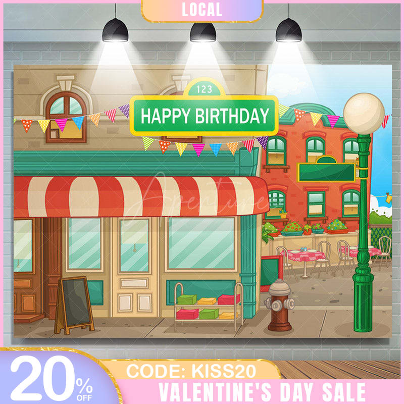 Aperturee - (7 Day Delivery) Aperturee Animated House Street Theme Birthday Backdrop