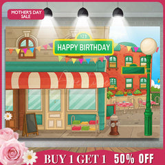 (7 Day Delivery) Aperturee Animated House Street Theme Birthday Backdrop