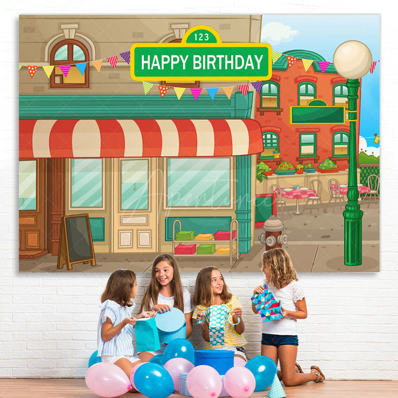 Aperturee - (7 Day Delivery) Aperturee Animated House Street Theme Birthday Backdrop