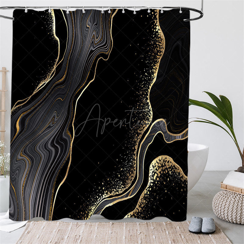 Aperturee - (7 Day Delivery) Aperturee Black Gold Marbled Shower Curtain Kit