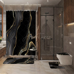 Aperturee - (7 Day Delivery) Aperturee Black Gold Marbled Shower Curtain Kit