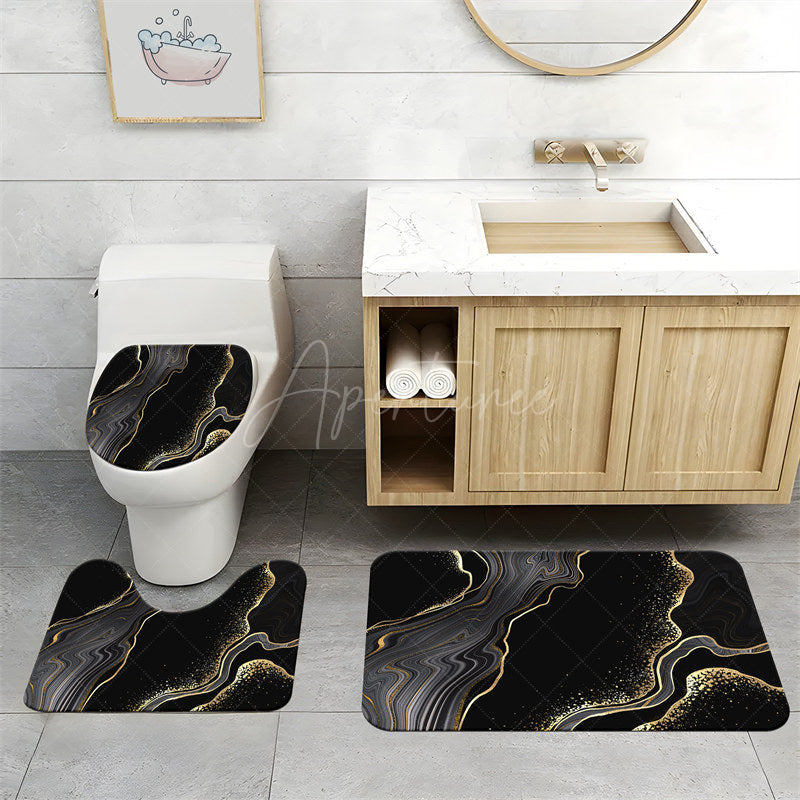 Aperturee - (7 Day Delivery) Aperturee Black Gold Marbled Shower Curtain Kit