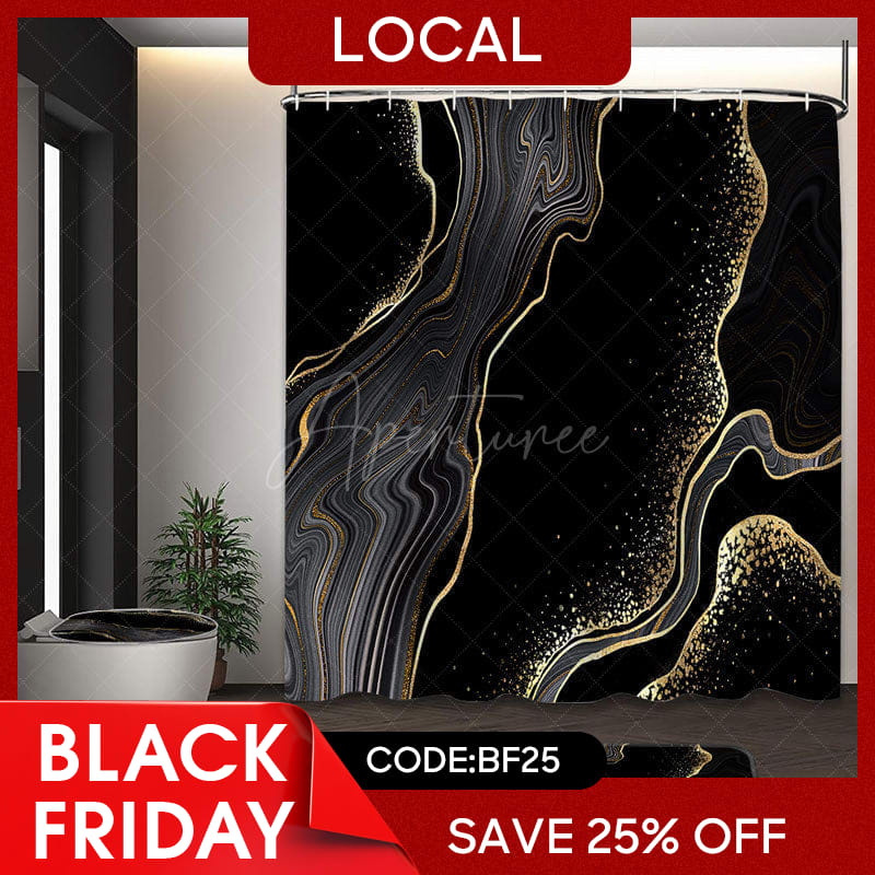 Aperturee - (7 Day Delivery) Aperturee Black Gold Marbled Shower Curtain Kit