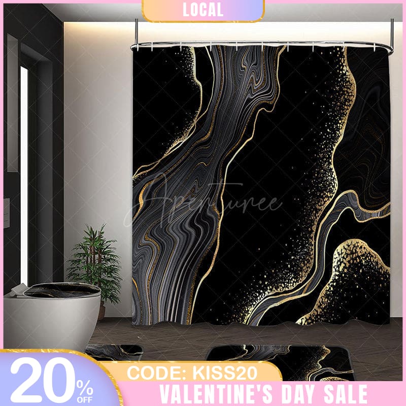 Aperturee - (7 Day Delivery) Aperturee Black Gold Marbled Shower Curtain Kit