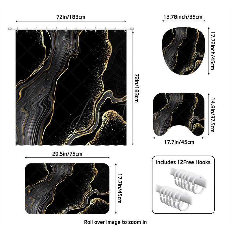 Aperturee - (7 Day Delivery) Aperturee Black Gold Marbled Shower Curtain Kit